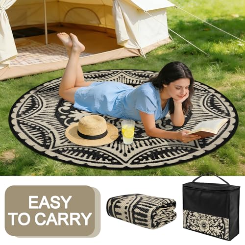 Capslpad 5x5 Floral Outdoor Rug for Patio Clearance Reversible Mat Round Portable Plastic Straw Carpet Waterproof Boho Indoor Outside Area Rugs for RV Camping Picnic Balcony Deck, Black and Brown - color: Black&brown, size: 5' (Round)