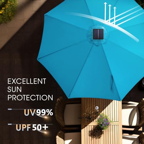 wikiwiki 9FT Solar Led Patio Umbrella with Base Included, 32 LED Lights, 8 Sturdy Ribs, Fade Resistant Waterproof POLYESTER DTY Canopy for Garden, Lawn, Deck, Backyard & Pool, Sky Blue - color: Sky Blue, size: 9FT