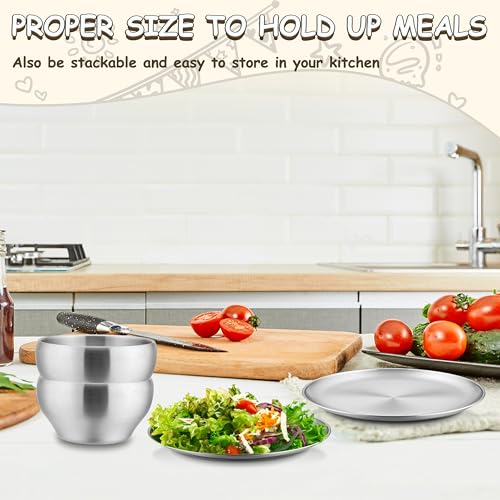 HaWare Kids Plates and Bowls, 8 Pieces Stainless Steel Dish Set, Reusable Dinnerware for Camping, Hiking, Travel, Picnic, Non-toxic Tableware set for Kids Self-feeding, Dishwasher Safe