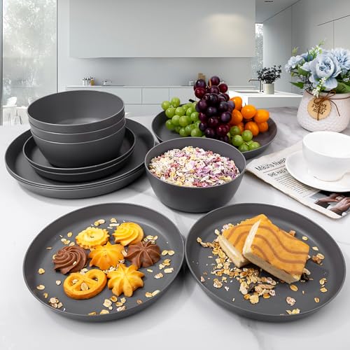 EI 12pcs Wheat Straw Dinnerware Set of 4,Kitchen Plates and Bowls,Reuasble Plates,Unbreakable Dinner Plate,Hard Premium Plastic Plate for Camping,Picninc,Halloween - color: Dark Grey Wheat Straw Plates and Bowls