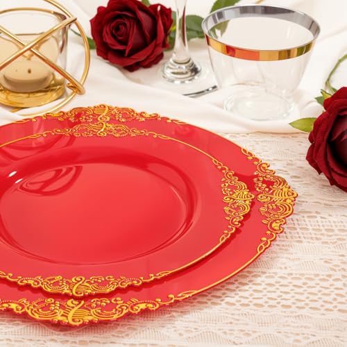 Nervure 350PCS Red Plastic Plates - Red Gold Plastic Dinnerware Sets for 50 Guests - 100 Gold Disposable Plates, 50 Pre Rolled Silverware Sets, 50 Cups Perfect for Wedding & Party & Mothers Day - color: Red and Gold