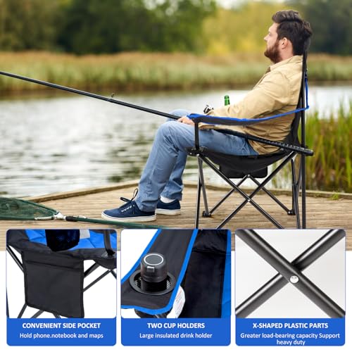 EMERIT 2 Pack Oversized Padded Camping Chair, 350LB Heavy Duty Quad Fold Chair with Arms, Collapsible Outdoor Chairs with Lumbar Back & Cup Holder - color: Blue（twin Pack)