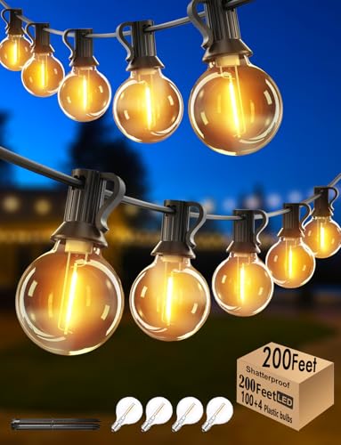 Outdoor String Lights Waterproof Patio Lights 200FT with 100+4 Shatterproof G40 LED Edison Outdoor String for Party Backyard Gazebo Pegola Cafe, 2Pack x 100ft - color: Black-2200K, size: G40 200FT