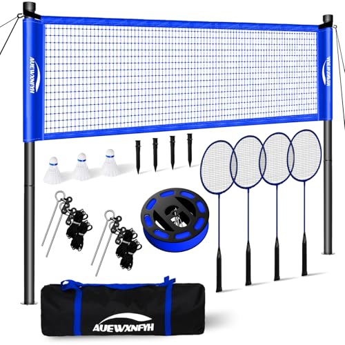Backyard Badminton Set: Portable Outdoor Net with 4 Performance Rackets, 3 Shuttlecocks & Boundary Line - Complete Heavy-Duty Set for Family Lawn, Grass & Beach Games - color: Blue