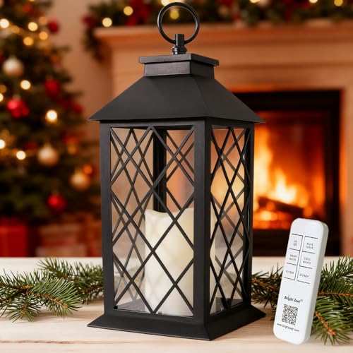 13.5" Decorative Candle Lantern with Timer Candles - IP44 Waterproof Vintage Lanterns Battery Powered LED Decorative for Wedding - Warm White Hanging Wall Lanterns - color: 1-Pack: BLACK - TWO Flicker Options By Remote