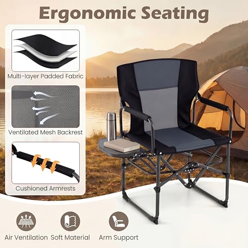 GYMAX Oversized Camping Directors Chair, Portable Folding Camping Chairs for Adults with Table, Heavy-Duty Lawn Chair for Fishing, Picnic, Sports, Beach, Outdoor, Supports 500LBS (Grey) - color: Grey