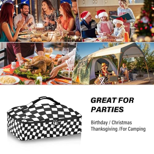 Black and White Checkered Casserole Dish Carrier, Insulated Food Tote Bag for Hot or Cold Dishes, Portable Storage Case for Potluck Picnic Camping Party