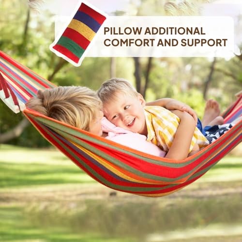 Chihee Cotton Hammock Holds Up to 660lbs Fabric Hammock 8.9x4.9ft Soft Portable Tree Hammocks Camping with Detachable Spreader Bar Pillow 2 Strong Webbings 2 Carabiners Indoor Outdoor Backyard Garden - color: Red Stripes, size: 270x150cm