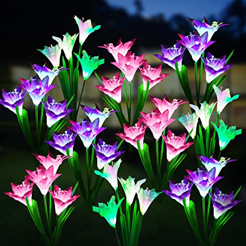 WdtPro Solar Outdoor Lights Garden Decorative 10 Pack, Waterproof Solar Garden Lights with 40 Lily Flowers, Multi-Color Changing Outdoor Solar Lights for Yard Outside Decorations - size: 10