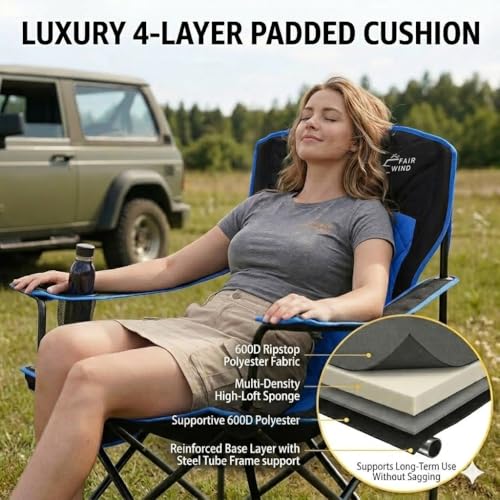 FAIR WIND Camping Chair 400 LBS Capacity Fully Padded Portable Chair with Side Pocket & Cup Holder, Heavy Duty Lawn Chair for Outside, Tailgating,Beach, Sports - color: Blue, size: Single Pack