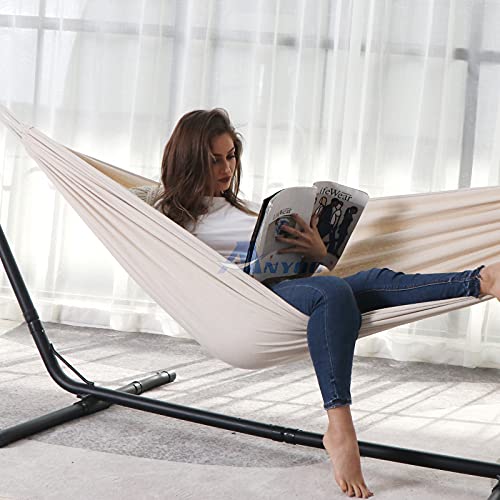 ANYOO Cotton Hammock Portable Camping Hammocks for Hanging Sturdy Garden Comfortable Fabric Hammock with Tree Straps Up to 660lbs with Travel Bag for Camping Outdoor/Indoor Patio Backyard - color: White