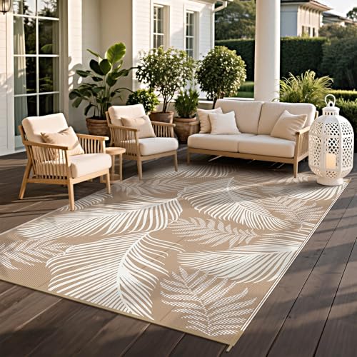 Pauwer Waterproof Outdoor Rug 6x9, Reversible Plastic Straw Patio Camping Rug, Indoor Outdoor RV Mat Carpet for Deck, Camper, Porch, Balcony, Backyard, Picnic, Leaf Brown - color: Leaf Brown, size: 6' x 9' (Rectangular)