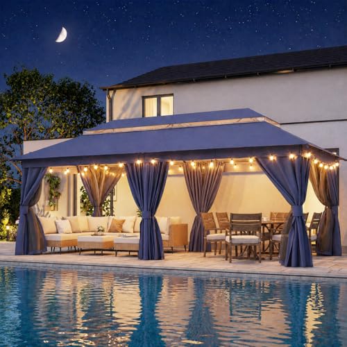 LAUSAINT HOME 10'x20' Outdoor Gazebo with 100FT String Lights, Metal Heavy Duty Patio Canopy Tent with Double Roofs, Mosquito Nettings and Privacy Screens for Backyard, Garden, Lawn, Navy Blue - color: Navy Blue, size: 10'x20' With String Lights