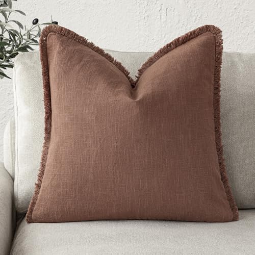Foindtower Decorative Linen Fringe Throw Pillow Covers Cozy Boho Farmhouse Cushion Cover with Tassels Soft Accent Pillowcase for Chair Sofa Bed Living Room Home Decor, 16×16 Inch,1PC,Rust Red - color: Autumn Glaze, size: 16" x 16" (Pack of 1)