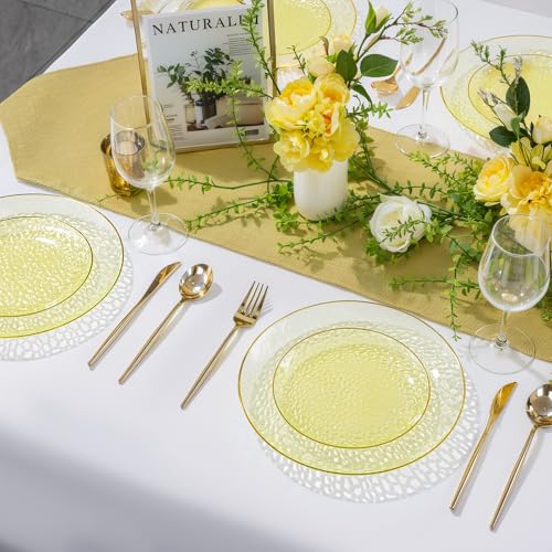 Rubtlamp 60Pcs Yellow Gold Plastic Plates, Yellow Disposable Plates With Gold Rim, Clear Heavy-duty Party Supplies, Hammered Plastic Plates Include 30 Dessert Platos, 30 Dinner Platos for Party - color: Clear Yellow Gold