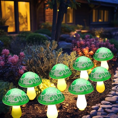 Solar Mushroom Lights Garden Decor 8 Green Crack Mushrooms Outdoor Decor Stake Lights Waterproof Solar Pathway Light Gardening Gifts for St Patrick's Day Easter Gnomes Yard Halloween Xmas Decorations - color: Green
