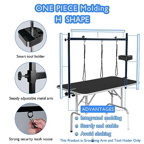 LEIBOU H-Shape Pet Grooming Table Arm with Grooming Hammock Tool Holder Noose and Clamp for Dogs and Cats Heavy Duty Aluminum Alloy Frame with 35.4” Adjustable Height and 36.2” ~ 50” Adjustable Width