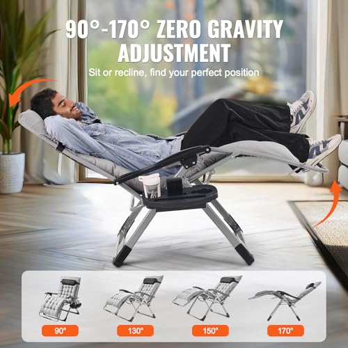 VEVOR Zero Gravity Chair, 33 inch Zero Gravity Recliner Lounge Chair for Indoor and Outdoor, Adjustable Anti Gravity Chair with Cushion, Headrest, Footrest, and Cupholder, 500 lbs, Gray - color: Grey, size: 33 Inch