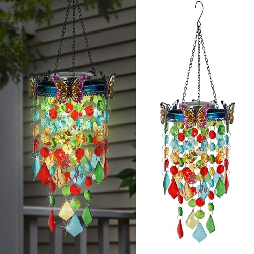 Hanging Solar Lanterns Outdoor Chandelier,Colorful Metal Butterfly with Acrylic Crystal Wind Chimes for Outside,Solar Lights Color Changing LED Outdoor Decorative for Paito,Porch,Yard - color: Butterfly