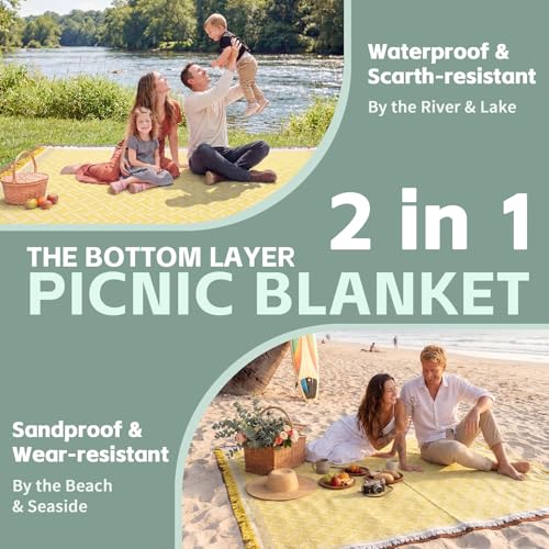 2 in 1 Extra Large Outdoor Picnic Blanket Camping Mat Lightweight Oversized Giant Turkish Boho Beach Mexican Serape Baja Cobijas Mexicanas para Mesa Park Stadium Outside Festival Grass Hammock - color: Yellow
