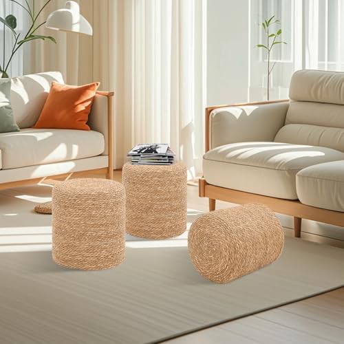 16'' Round Ottoman Natural Seagrass Braided Poof Hand Weaving Round Ottomans Boho Footrest Stool for Home Living Room Bedroom Patio(Natural) - color: Natural