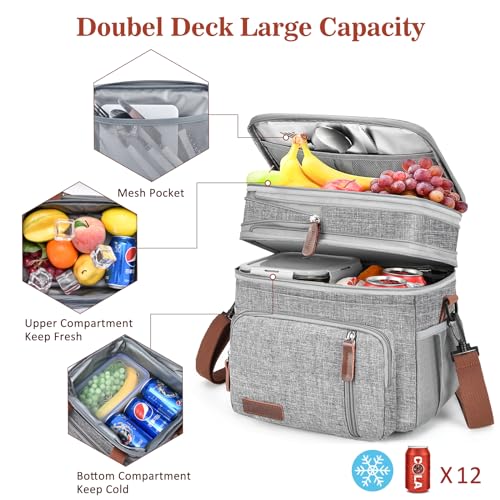 Lunch Box & Lunch Bag for Women Men, Expandable Large Insulated Adult Lunch Bag with Strap, Double Deck Leakproof Lunchbox Durable Cooler Bags for Work Picnic Beach,16L, Gray - color: Gray