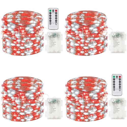 4-Pack 33FT 100 LED Fairy Lights Battery Operated with Remote Timer, Fairy Christmas String Lights for Bedroom Decor, Waterproof 8 Modes Twinkle Lights for Room Garden Party Wedding (Red and White) - color: Red&White, size: 4 Pack