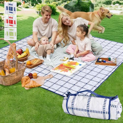 Alvantor® Extra Large Picnic Blanket, 80"x80" Waterproof Outdoor Blanket, Foldable Camping Blanket with Hook & Loop Straps, Portable for Beach, Park, Travel, Sandproof, Soft & Durable,Blue - color: Bule and White