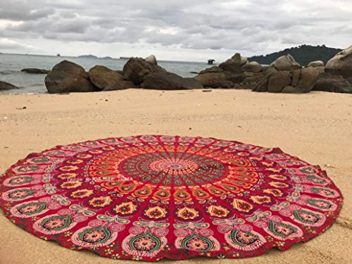 raajsee Mandala Round Beach Tapestry Hippie Mandala/Boho Decor Beach Blanket/Indian Cotton Throw Bohemian Round Table Cloth Mandala/Yoga Mat Meditation Picnic Rugs (RED) - color: RED