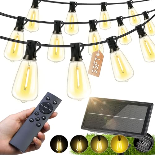 Solar Lights Outdoor Waterproof: ST38 33FT 10M Shatterproof Bulbs Patio Lights - Solar Powered & USB Charging- Remote Control 3 Light Modes Dimmable Solar Light - Camping Backyard Garden - size: 33FT-Remote