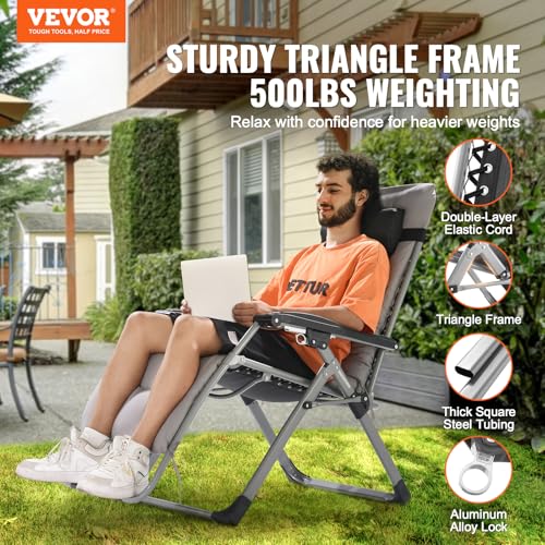 VEVOR Zero Gravity Chair, 26 inch Zero Gravity Recliner Lounge Chair for Indoor and Outdoor, Adjustable Anti Gravity Chair with Cushion, Headrest, Footrest, and Cupholder, 500 lbs, Gray - color: Grey, size: 26 Inch