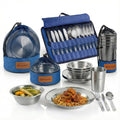 Wealers Unique Complete Messware Kit Polished Stainless Steel Dishes Set| Tableware| Dinnerware| Camping| Buffet| Includes - Cups | Plates| Bowls| Cutlery| Comes in Mesh Bags (4 Person Set) - color: Blue