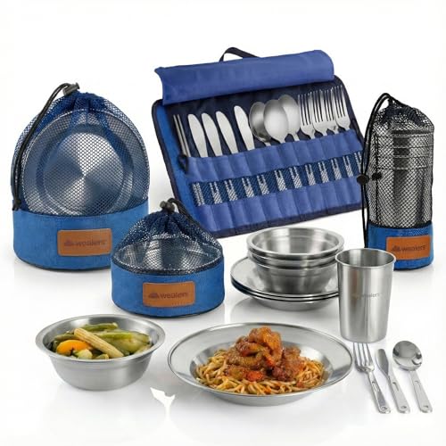 Wealers Unique Complete Messware Kit Polished Stainless Steel Dishes Set| Tableware| Dinnerware| Camping| Buffet| Includes - Cups | Plates| Bowls| Cutlery| Comes in Mesh Bags (4 Person Set) - color: Blue