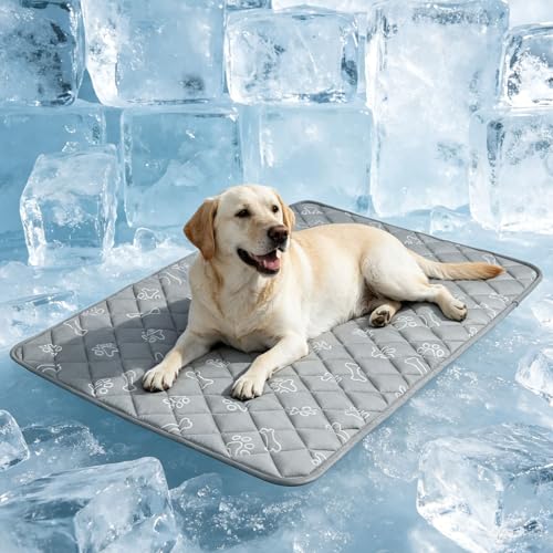 BEAUTYZOO Dog Cooling Mat for Large Dogs 35"x23" – Upgraded Thick Cooling Mat for Dogs with Chill Cool Fiber Q-Max>0.43 – Waterproof, Non-Slip, Washable Crate Cooling Pad for Summer & Indoor Outdoor - color: Grey Paw, size: Large 23" x 35" (1 Pack)