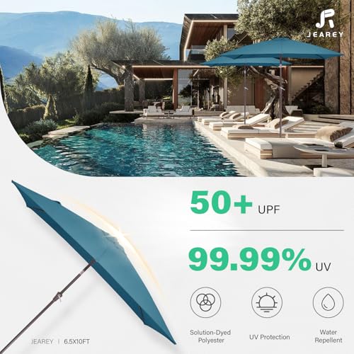 JEAREY 6.5x10 ft Rectangular Patio Umbrellas Rectangle Outdoor Umbrella with Push Button Tilt and Crank, Market Table Umbrella 6 Sturdy Ribs UV Protection for Poolside Garden Backyard Deck, Lake Blue - color: Lake Blue