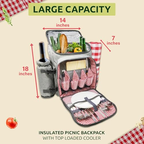 Nature Gear Picnic Backpack for 4, Insulated Picnic Set with Dinnerware, Wine Cooler, Blanket & Cutlery Service, Waterproof Outdoor Bag for Beach, Camping, Travel & Park, Red - color: Red