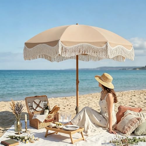 7ft Patio Umbrella with Fringe, Boho Beach Umbrellas, Outdoor Tassels Umbrellas with Push Button Tilt & Carrying Bag, 8 Windproof Fiberglass Ribs, UPF50+ - color: Beige