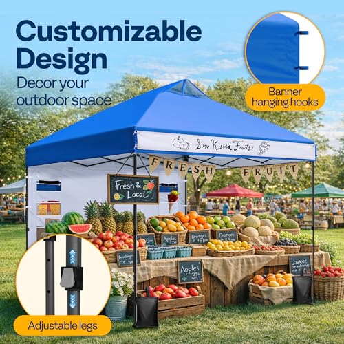 VIVOHOME 10x10ft Pop Up Canopy Tent with Sidewall and 6 Pockets, One Push Setup Outdoor Portable Shelter Tent Heavy Duty with Wheel Carry Bag and 4 Sandbags, Blue - color: Blue