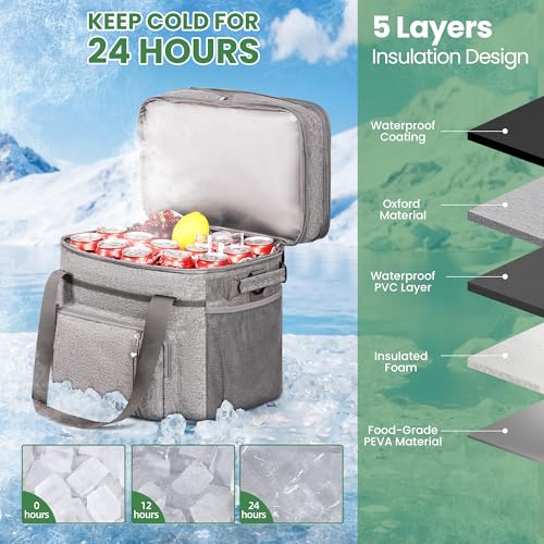 MIYCOO Cooler Bag Double Deck - 60 Can Leakproof Insulated Portable Soft Lunch Cooler, Extra Large Expandable Ice Chest Cooler for Beach, Picnic, Camping, Shopping - color: Gray, size: 30l