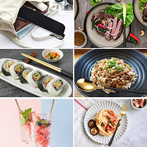 AARAINBOW 6 Pieces 18/8 Stainless Steel Flatware Set Portable Reusable Cutlery Set Travel Utensils Set Including Chopsticks Knife Fork Spoon Straws Cleaning Brush Dishwasher Safe (Black golden) - color: Black golden
