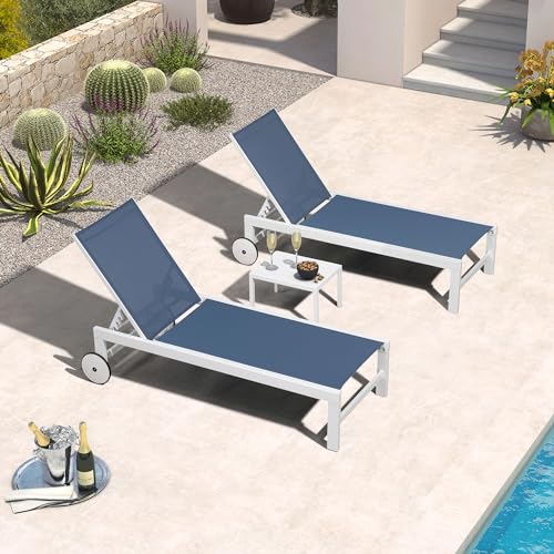 PURPLE LEAF Outdoor Chaise Lounge Chairs Set of 2 White Aluminum Lounge Chair Five-Position Adjustable Chaise with Wheels and Table for Pool Deck Patio, Indigo - color: Indigo, style: Standard Straight-leg