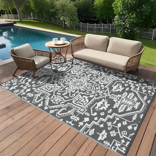 GarveeHome 9x18 Outdoor Rug Boho Vintage Floral Reversible Plastic Straw Large Rugs Waterproof Retro Indoor Outdoor Rug Pet- Kids Friendly Foldable Outside Carpet for Backyard Deck Picnic,Grey White - color: Vintage | Grey White, size: 9' x 18' (Rectangul