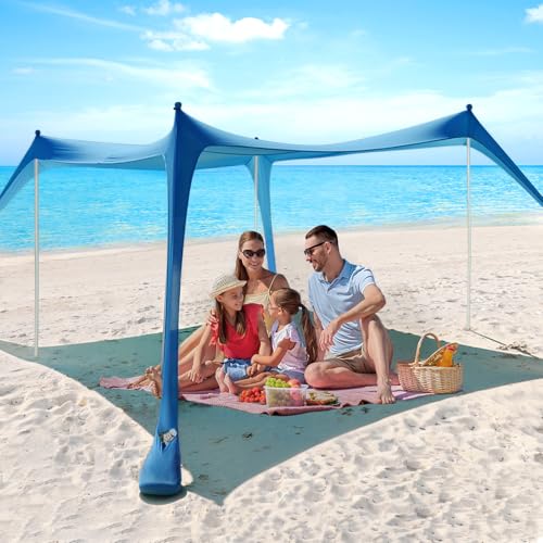 Beach Tent - 10 x 10 FT Beach Canopy, Outdoor Shade Canopy for Camping, Portable Beach Tent Sun Shelter UPF50 with 4 Stability Poles, Sandbags, Anti-Wind Ropes and Ground Pegs, Blue - style: 10*10 FT 4 Pole-Blue