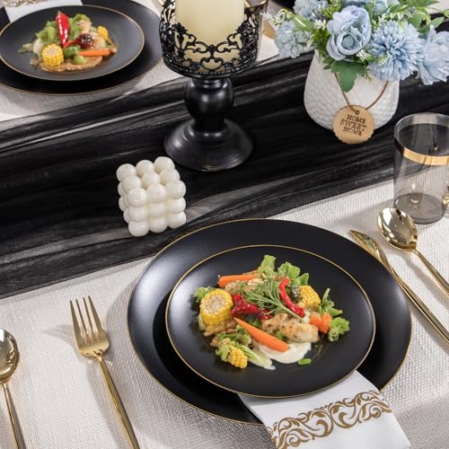 EI 350Pcs Black and Gold Matte Frosted Plastic Plates Disposable Heavy Duty,Dinnerware Set for Party Include 100 Disposable Plates,150 Silverware,50 Napkins,50 Cups for Party/Wedding/Events,Hotel - color: Black and Gold Plastic Plates Dinnerware