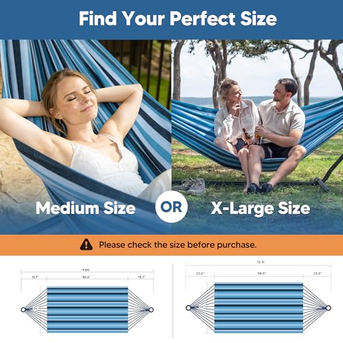 SUNCREAT Hammocks Outdoor Camping Double Hammock, Extra Large 2 Person Hammock for Camping, Blue Stripes - color: Blue Stripes, size: X-Large