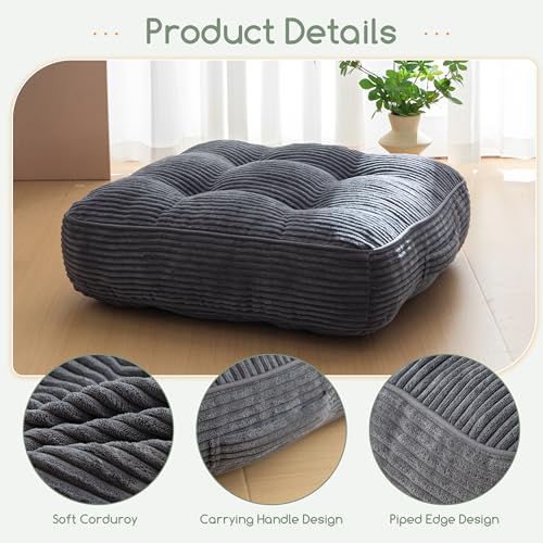 HIGOGOGO 6" Extra Thick Floor Pillow Cushion for Adults, Meditation Cushion Pillow, Large Square Floor Sitting, Tufted Corduroy Cover, for Tatami Living Room or Yoga, 22x22 Inch, Dark Grey - color: Square Dark Grey, size: 6" Thick(Pack of 1)