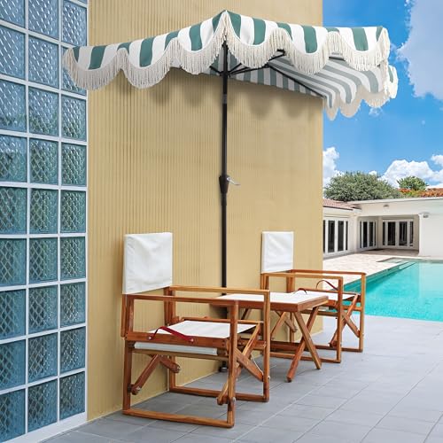 JONATHAN Y Half Umbrella UMB1201F Beverly 9 ft. Designer Classic Scalloped Fringe Market Patio with Crank, Push Button Tilt and UV Protection in Green/White - color: Green/White