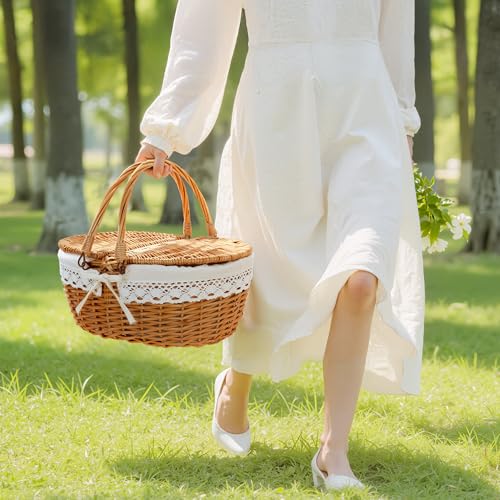 GRANNY SAYS Picnic Basket, Wicker Basket with Lid, Woven Cute Basket with Handle, Storage Basket with Washable Lining & Dual-Flid Lid, Natural Willow Picnic Hamper, White Lining - color: White
