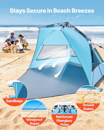 VEVOR Beach Tent Sun Shelter for 4 Person, Pop Up Beach Tent UPF 50+, Portable Sun Shade Beach with Carrying Bag and Sand Pockets, Easy Setup Umbrella for Camping Fishing Outdoor Picnic - size: 4 Person(Pop Up)