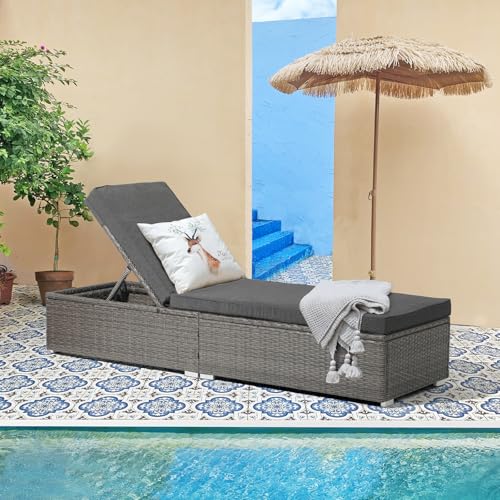 Patiorama Outdoor Patio Chaise Lounge Chair, Elegant Reclining Adjustable Pool Rattan Chaise Lounge Chair with Cushion, Grey PE Wicker, Steel Frame, for Deck, Poolside, Backyard (Dark Grey) - color: Dark Grey